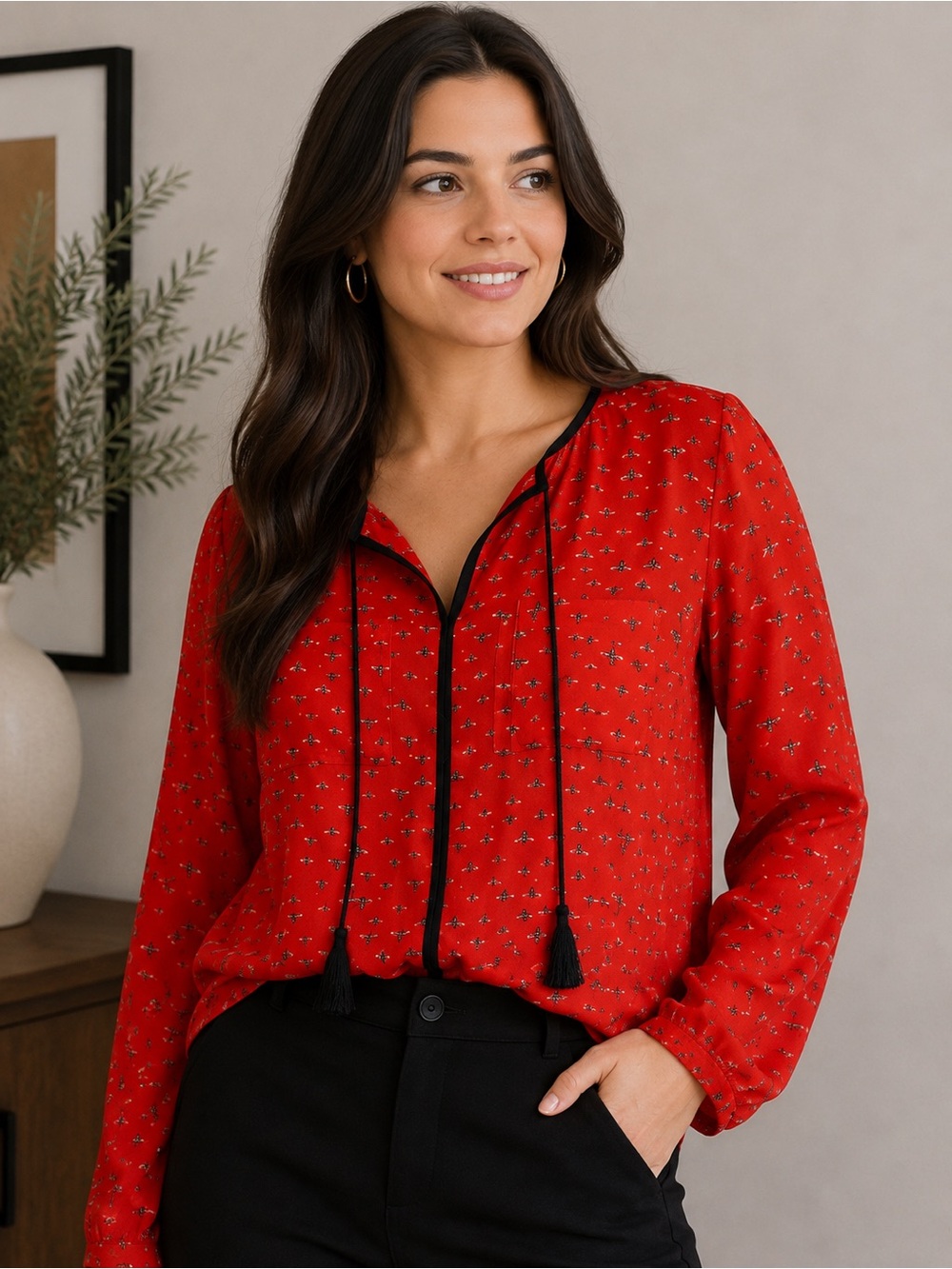 libby. edelman Red V-Neck Long-Sleeve Blouse with Black Trim and Bee print